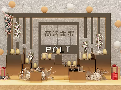 Luxury Golden Eggs Display With Balloons Flower Arrangements Gift Boxes And POLT Sign 3d model