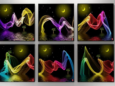 Abstract Art Prints With Colorful Wavy Lines Moon Stars Water Reflection And Palm Trees 3d model