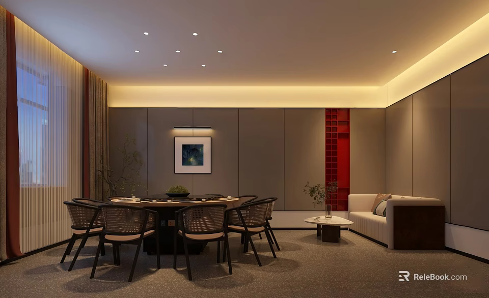 Modern Private Room Interior Design With Dining Table Sofa And Decorative Artwork 3d model