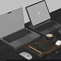 Modern Laptop Computers On Desk With Coffee Phone Mouse Pen And Watch