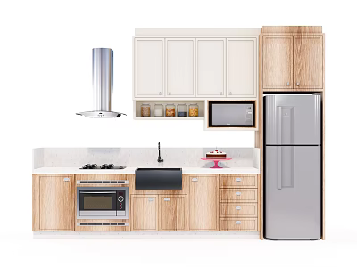 Modern Kitchen Cabinets In Wooden And White With Stainless Steel Appliances Countertop And Sink 3d model