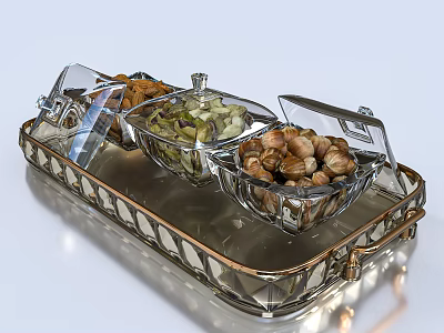 Assorted Nuts and Legumes in Glass Containers with Lids on Transparent Glass Tray 3d model