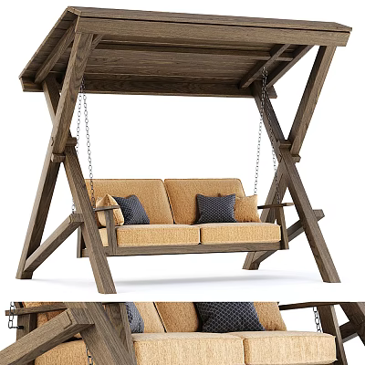 Outdoor Wooden Swing Chair with Two Person Brown Seat Gray Cushions and Hanging Chain Design 3d model
