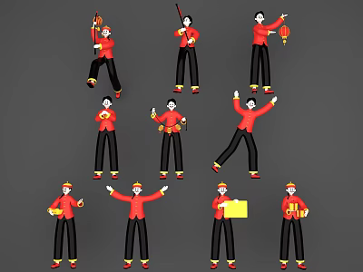 Group of People Wearing Red Outfits Performing Various Actions with Lanterns and Gold Ingots 3d model