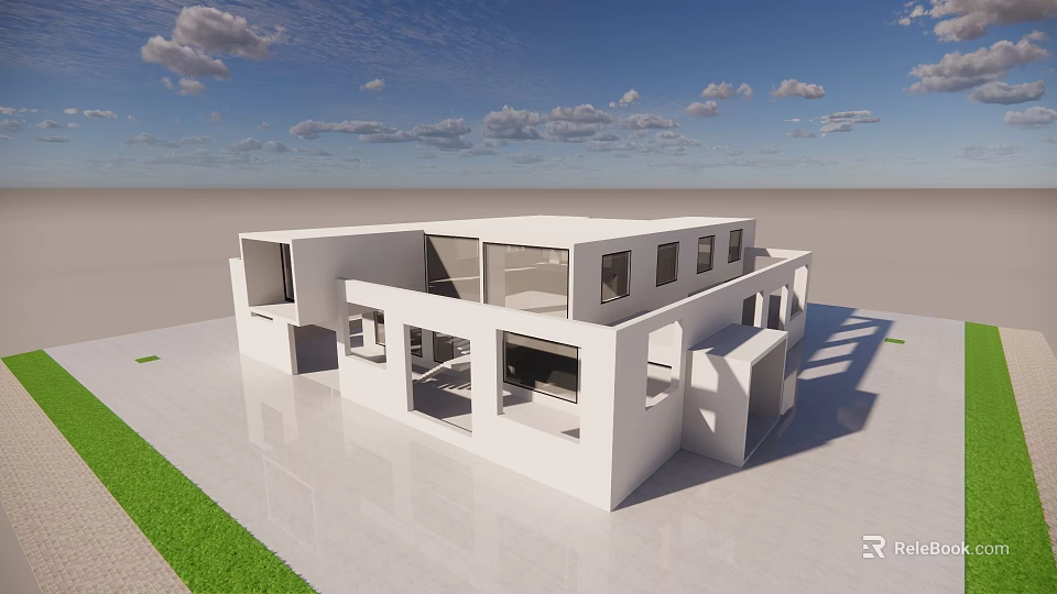Modern White Villa With Open Design Large Windows And Green Lawn Under Blue Sky 3d model 