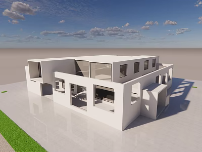 Modern White Villa With Open Design Large Windows And Green Lawn Under Blue Sky 3d model