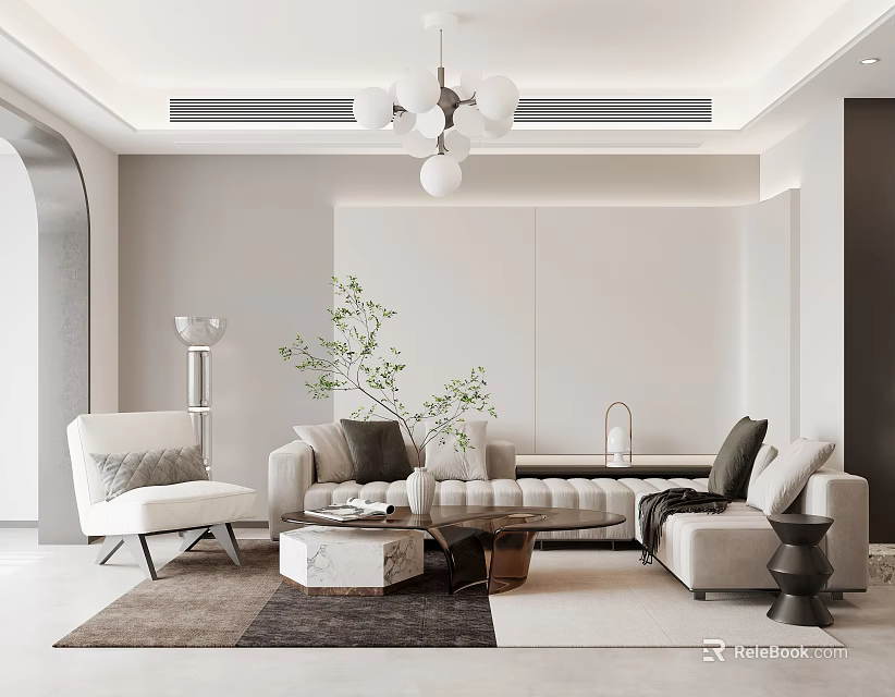 Elegant Modern Living Dining Room Interior With Sofa Coffee Table Chandelier Green Plant And Rug 3d model 