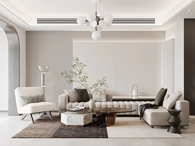 Elegant Modern Living Dining Room Interior With Sofa Coffee Table Chandelier Green Plant And Rug 3d model