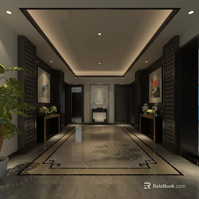 Oriental Style Elevator Hallway Interior With Marble Floor Decorative Paintings And Green Plants 3d model 