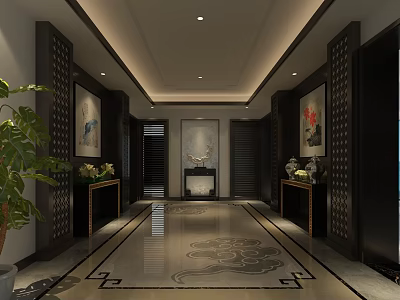Oriental Style Elevator Hallway Interior With Marble Floor Decorative Paintings And Green Plants 3d model
