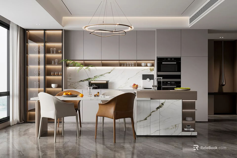 Elegant Modern Dining Room Interior With Marble Table Upholstered Chairs And Pendant Lights 3d model 