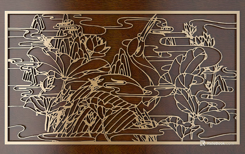 Traditional Wooden Carving with Lotus Crane and Landscape on Brown Background 3d model 