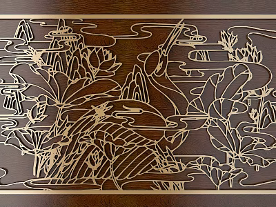 Traditional Wooden Carving with Lotus Crane and Landscape on Brown Background 3d model