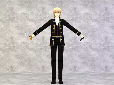 Blonde Haired Game Movie Character In Black Outfit With Yellow Trim Holding Knives 3d model