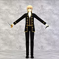 Blonde Haired Game Movie Character In Black Outfit With Yellow Trim Holding Knives