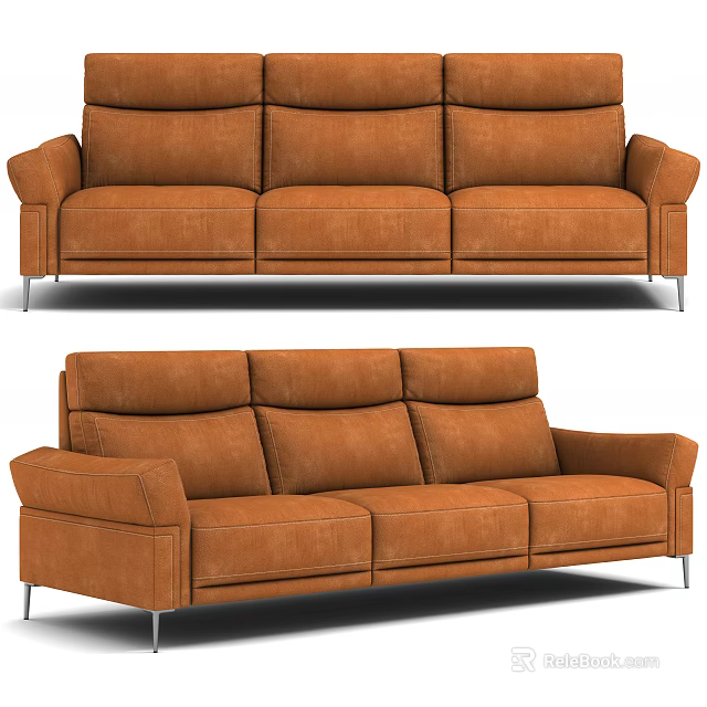 Brown Leather Three Seater Sofa With Modern Design And Metal Legs 3d model