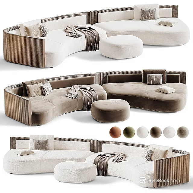Modern Curved Two Seater Sofa With Velvet Upholstery Ottoman Pillows Throw Blanket And Color Options 3d model 
