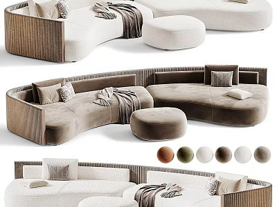 Modern Curved Two Seater Sofa With Velvet Upholstery Ottoman Pillows Throw Blanket And Color Options 3d model