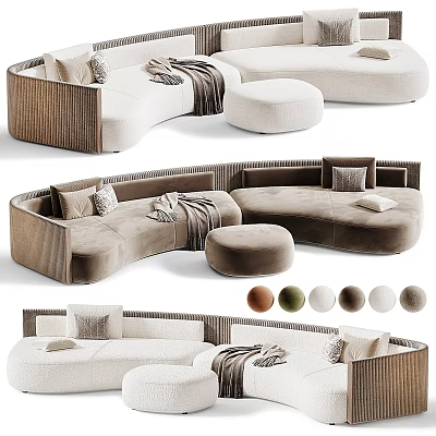 Modern Curved Two Seater Sofa With Velvet Upholstery Ottoman Pillows Throw Blanket And Color Options 3d model