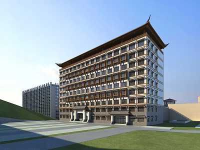 Traditional Chinese Multi story Architecture With Classic Eaves Design Near Modern High rise And Lawn Square 3d model