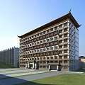 Traditional Chinese Multi story Architecture With Classic Eaves Design Near Modern High rise And Lawn Square