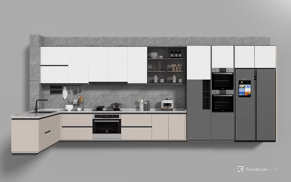 Modern Kitchen Interior Featuring White Cabinets Gray Walls Oven Refrigerator And Appliances 3d model 