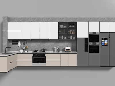 Modern Kitchen Interior Featuring White Cabinets Gray Walls Oven Refrigerator And Appliances 3d model
