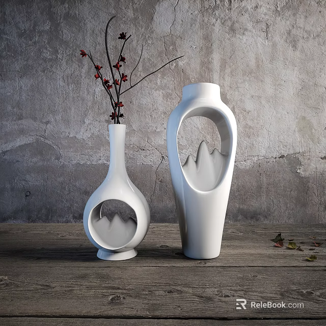 White Ceramic Vases With Red Berries Branches On Wooden Tabletop Against Gray Wall 3d model 