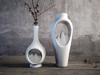 White Ceramic Vases With Red Berries Branches On Wooden Tabletop Against Gray Wall 3d model