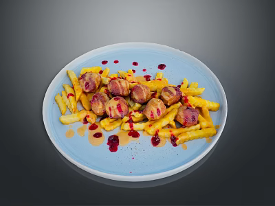 Bacon Wrapped Meatballs With Crispy Fries And Red Sauce On Blue Plate 3d model