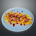 Bacon Wrapped Meatballs With Crispy Fries And Red Sauce On Blue Plate
