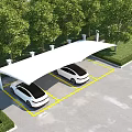 Modern Carport Canopy Covering Two White Cars in Parking Lot With Trees and Fence