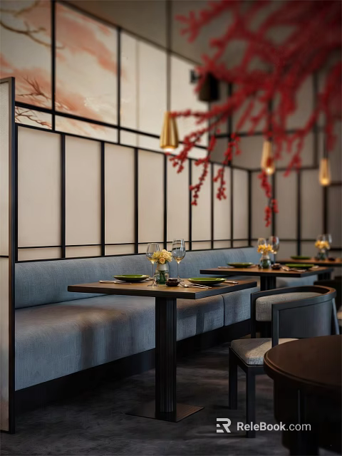 Chinese Style Restaurant Interior With Screen Partitions Red Floral Decor And Blue Banquettes 3d model 