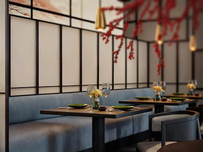 Chinese Style Restaurant Interior With Screen Partitions Red Floral Decor And Blue Banquettes 3d model