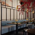 Chinese Style Restaurant Interior With Screen Partitions Red Floral Decor And Blue Banquettes
