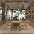 Mall Shop Interior Featuring Wooden Frame Ceiling Hanging Plants Dining Table And Display Cabinets
