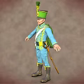Military Character In Blue Uniform With Green Hat Feather White Stripes Green Cape And Long Staff