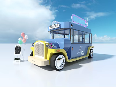 Blue And Yellow Coffee Food Truck With Neon Sign Balloons And Menu Board 3d model