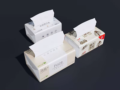 Three White Tissue Boxes With Various Packaging Designs On Dark Surface 3d model