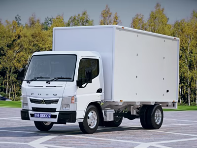 White Box Truck Parked In Outdoor Parking Lot With Green Trees Background 3d model