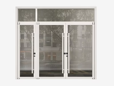Modern Glass Entrance Doors With White Frame And Building Reflections Design 3d model