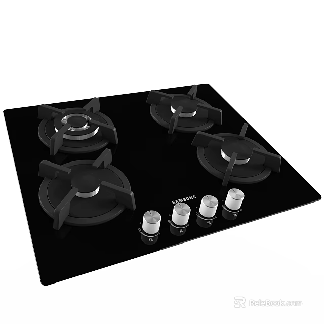 Kitchen Gas Stove With Four Burners Black Glass Panel And Control Knobs 3d model 