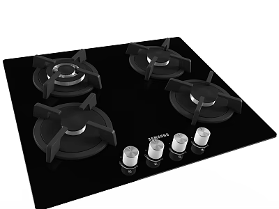 Kitchen Gas Stove With Four Burners Black Glass Panel And Control Knobs 3d model