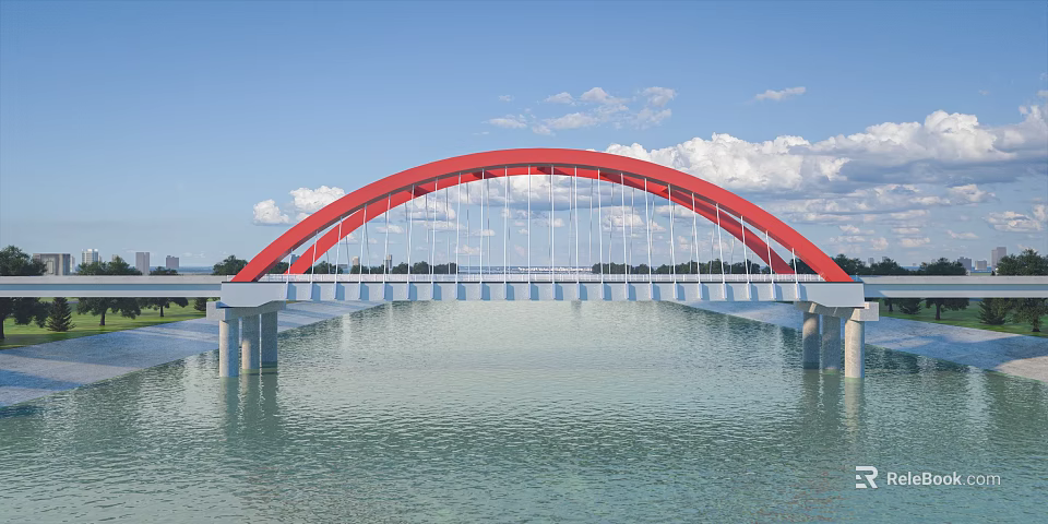 Modern Red Arch Bridge Spanning Calm River Under Bright Blue Sky With Soft White Clouds 3d model 