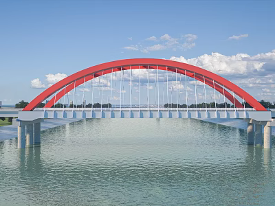 Modern Red Arch Bridge Spanning Calm River Under Bright Blue Sky With Soft White Clouds 3d model