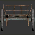 Ancient Wooden Cart With Blue Platform And Round Wheels Rustic Structure 3d model