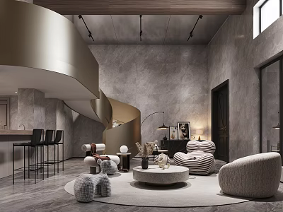 Duplex Living Room Interior Design With Spiral Staircase Gray Walls Sofas And Round Coffee Table 3d model
