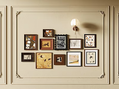 Stylish Photo Wall With Diverse Framed Artworks And Decorative Wall Sconce 3d model