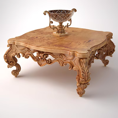 Ornate Wooden Coffee Table With Intricate Scrollwork Elegant Carved Legs And Decorative Urn 3d model