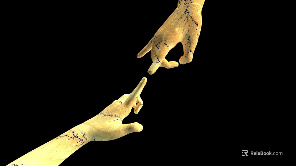 Art Installation Featuring Two Hands With Fingers Almost Touching On Black Background 3d model 